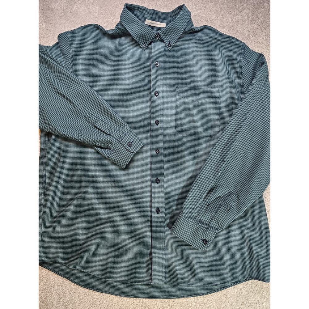 LL Bean Mens XL Traditional Fit Cotton Flannel Shirt Green Houndstooth Y2K Era